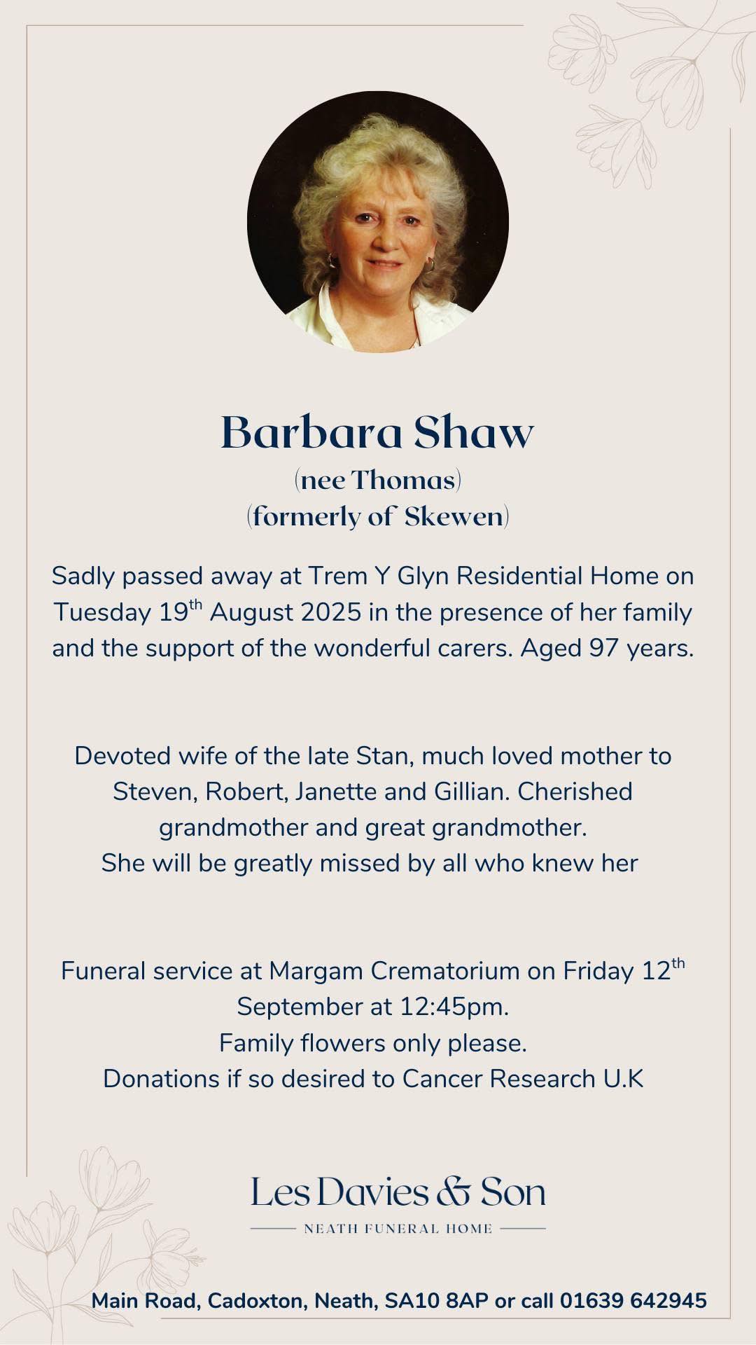 arbara Shaw (Formerly of Skewen) Death Beloved Matriarch Barbara Shaw Passes Away at 97